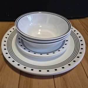 Corelle Black/White City Block, 3 of each: dinner plates, small plates, & bowls
